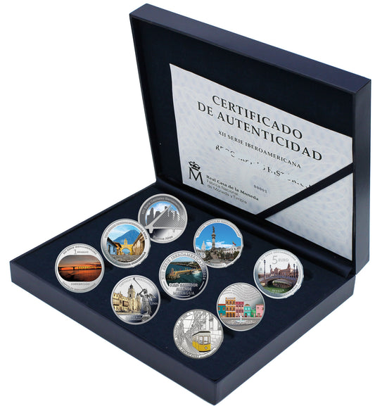 España - 2024 - Conmemorativas FNMT - PROOF - Coleccion Completa / XIII SERIE IBEROAMERICANA "CAPITALES"/ 9 x 5 € / Proof / En e