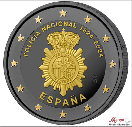 España - 2024 - Monedas Euros Color - S/C / UNC - 2 € Año 2024 / 200 Aniv. Policia Nacional - Chapado oro 18 Kilates