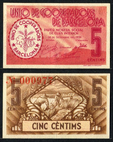 España - Cooperativas - Nº 1064 - S/C-/aUNC - 5 Centimos eUnió de Cooperadors de Barcelona / 14 Septiembre 1936