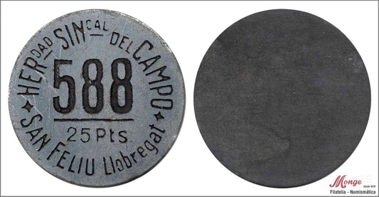 España - Cooperativas - Nº AL-0715 - EBC- / XF- - 25 pesetas/ Hdad. Sindical del Campo-San Feliu de Llobregat/ Zinc