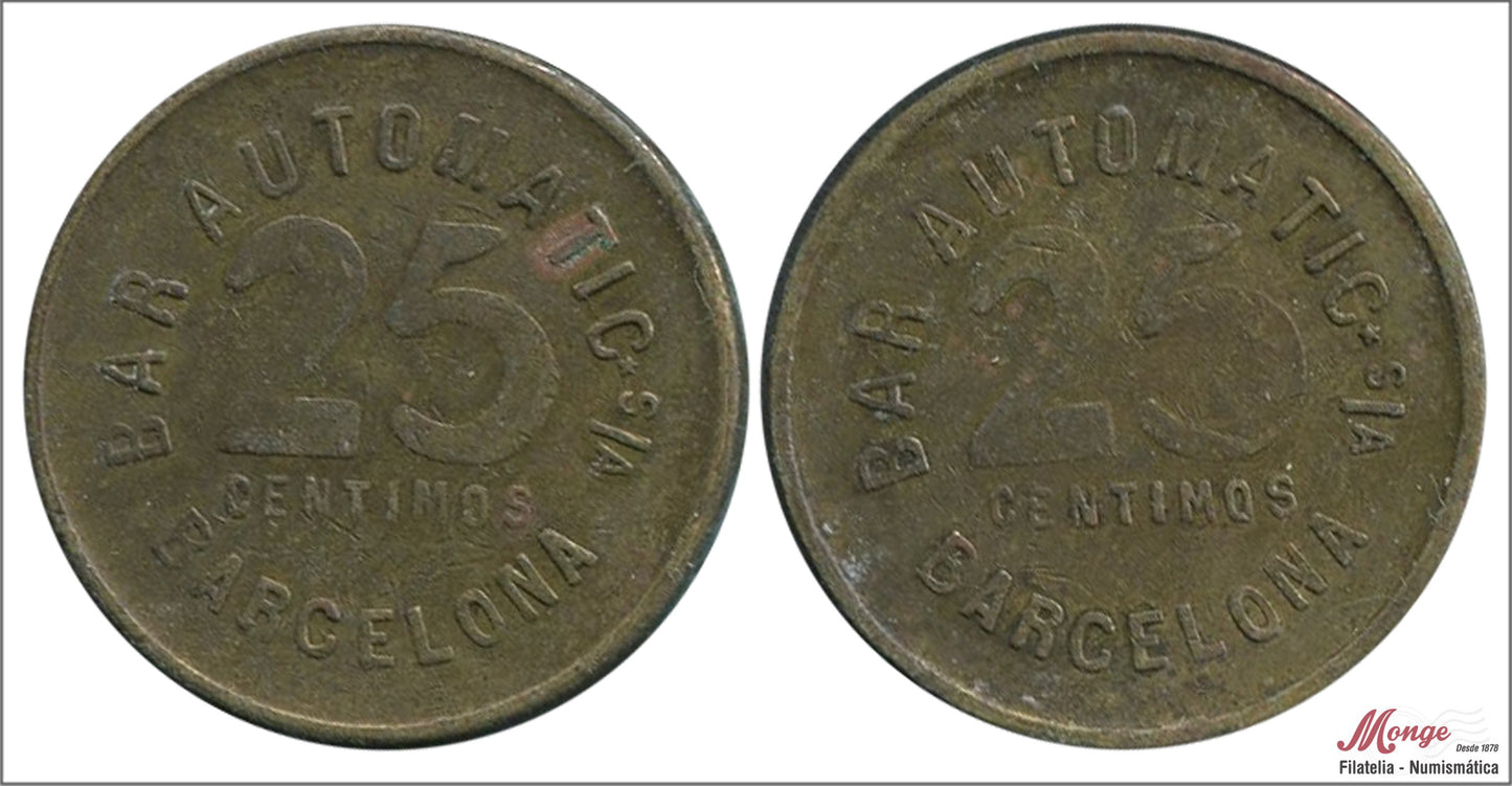 España - Cooperativas - Nº AL-0979v - MBC+ / VF+ - 25 centimos/ Bar Automatic-Barcelona/ laton