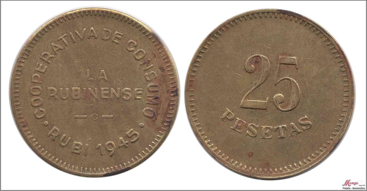 España - Cooperativas - Nº AL-103 - EBC / XF - 25 pesetas/ Consumo La Rubinense/ laton