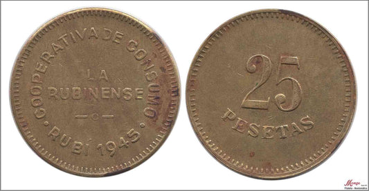 España - Cooperativas - Nº AL-103 - EBC / XF - 25 pesetas/ Consumo La Rubinense/ laton