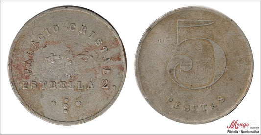 España - Cooperativas - Nº AL-1031 - BC / F - 5 pesetas/ Palacio de Cristal - Estrella 2 - Barcelona/ niquel