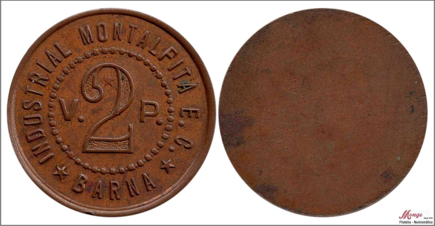 España - Cooperativas - Nº AL-1296 - S/C-/aUNC - 2 pesetas/ Industrial Montalfina E.C.-bcn/ cobre