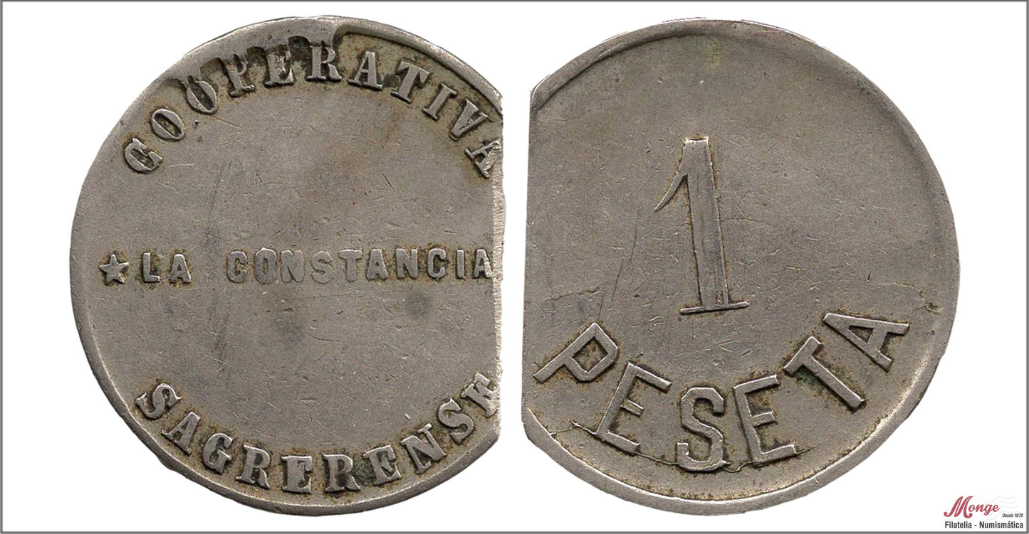 España - Cooperativas - Nº AL-1552 - MBC / VF - 1 peseta/ La Constancia Sagrerence-bcn/ niquel