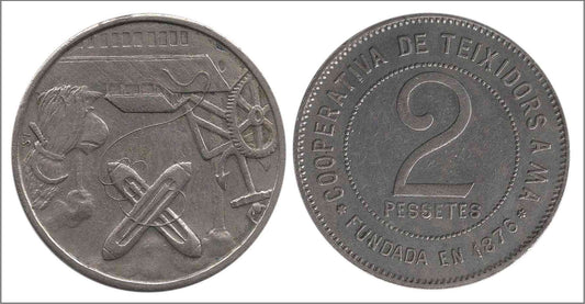 España - Cooperativas - Nº AL-1644 - EBC- / XF- - 2 pesetas/ Teixidors a Ma/ niquel