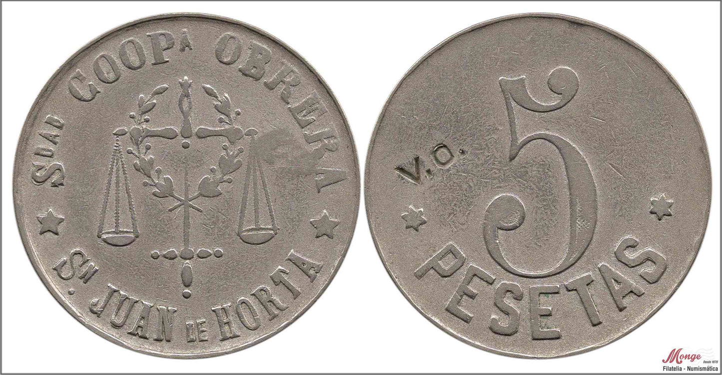 España - Cooperativas - Nº AL-1687 - EBC- / XF- - 5 pesetas/ Coop. Obrera S. Juan de Horta-bcn/ niquel