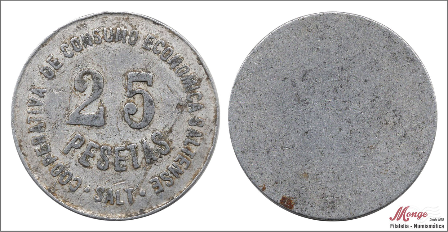 España - Cooperativas - Nº AL-1958 - BC / F - 25 pesetas/ Economia Saltense - Salt (Girona)/ aluminio