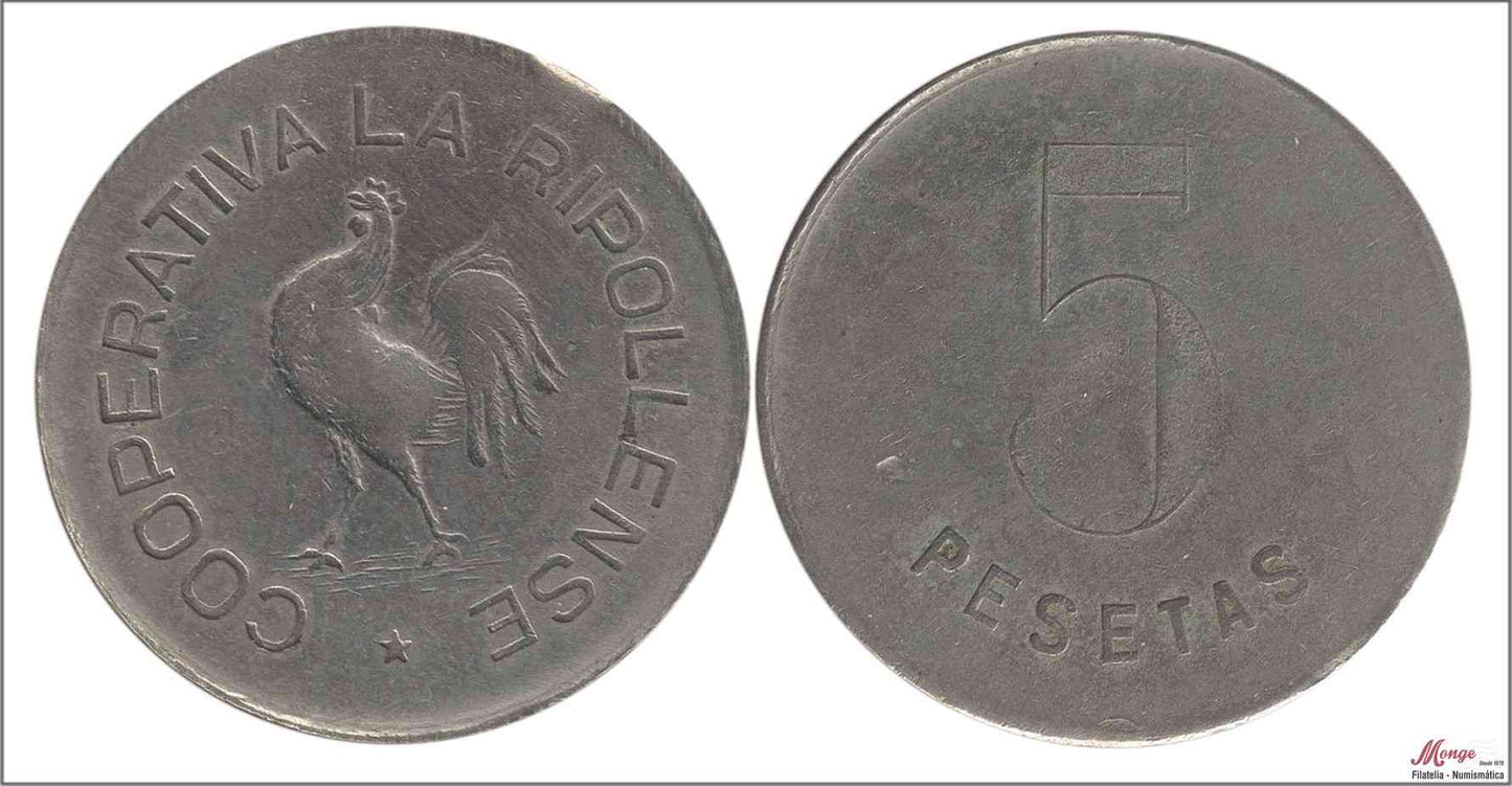 España - Cooperativas - Nº AL-2853 - EBC- / XF- - 5 pesetas/ La ripollense-Ripoll/ Niquel