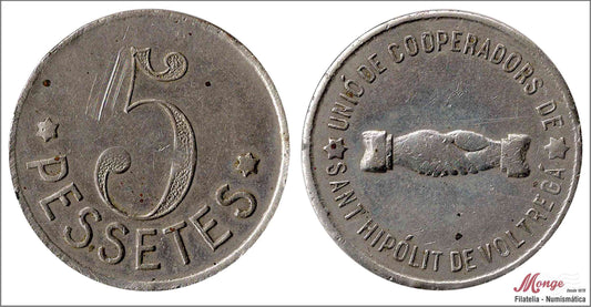 España - Cooperativas - Nº AL-2999 - MBC / VF - 5 pesetas/ Union Coop. Hipolit Voltrega/ niquel