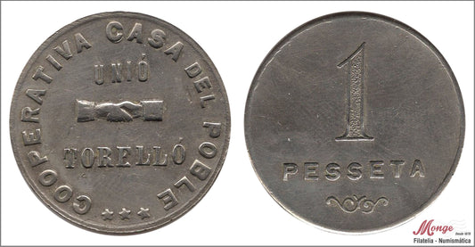 España - Cooperativas - Nº AL-3027 - EBC / XF - 1 peseta/ Casa del pueblo-Torello/ niquel