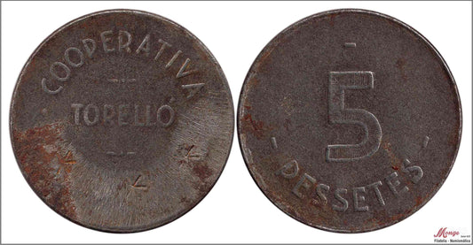 España - Cooperativas - Nº AL-3030 - MBC / VF - 5 pesetas/ Casa del Pueblo - Torello/ hierro