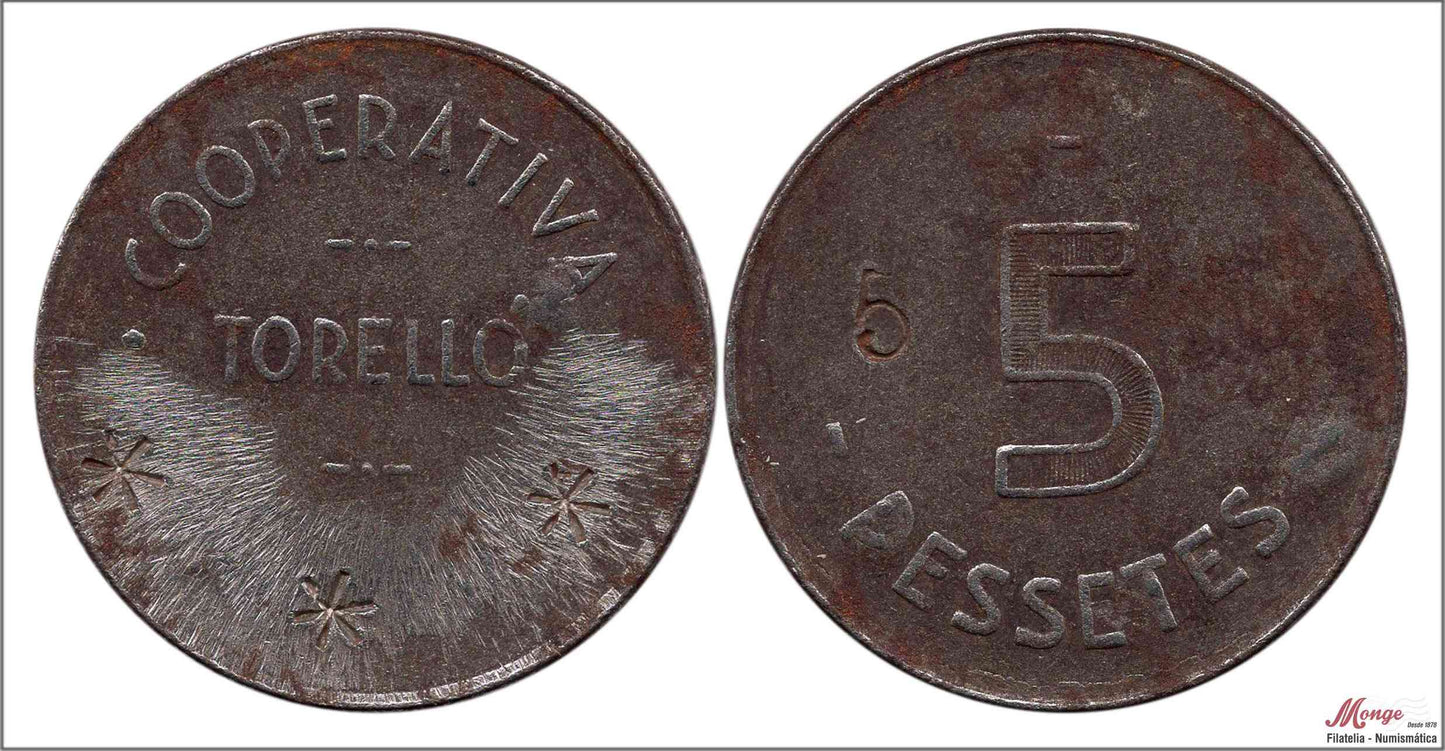 España - Cooperativas - Nº AL-3030v - MBC / VF - 5 pesetas/ Casa del Pueblo - Torello/ hierro - Reverso con un 5 a la izda.