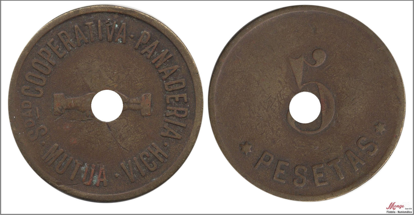 España - Cooperativas - Nº AL-3054v - MBC+ / VF+ - 5 pesetas / Mutua Panaderia- Vich/ laton