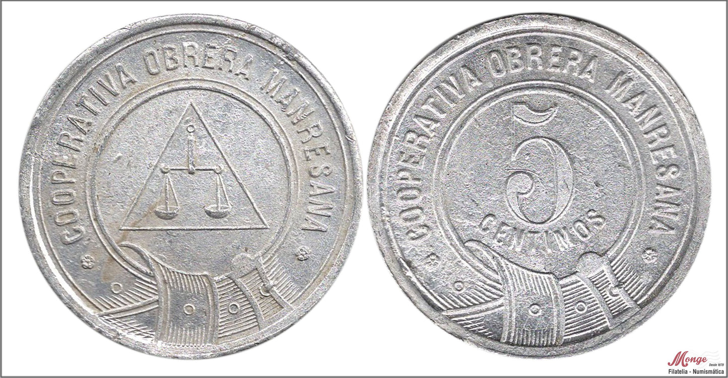 España - Cooperativas - Nº AL-3153 - EBC / XF - 5 centimos/ Obrera Manresana-Manresa/ aluminio