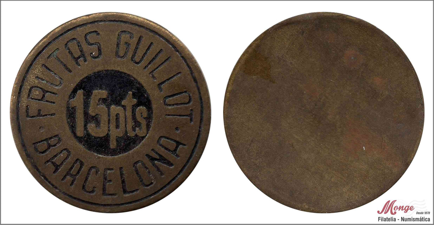 España - Cooperativas - Nº NC-173 - EBC / XF - 15 pesetas/ Frutas Guillot-Barcelona/ laton (esmaltado negro)