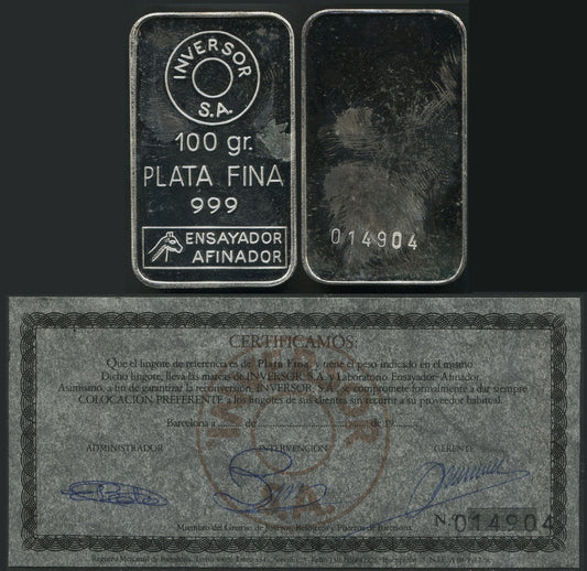 España - Lingote - Nº 00036 - FDC / MS - Pieza de 100 gramos plata pura / Inversor S.A. / Numerado y con certificado