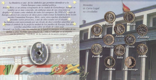 Europa - 2002 - Monedas Euros en cartera oficial - FDC / MS - Cartera 2002 con monedas 1 € de los 12 paises y con un Zafiro