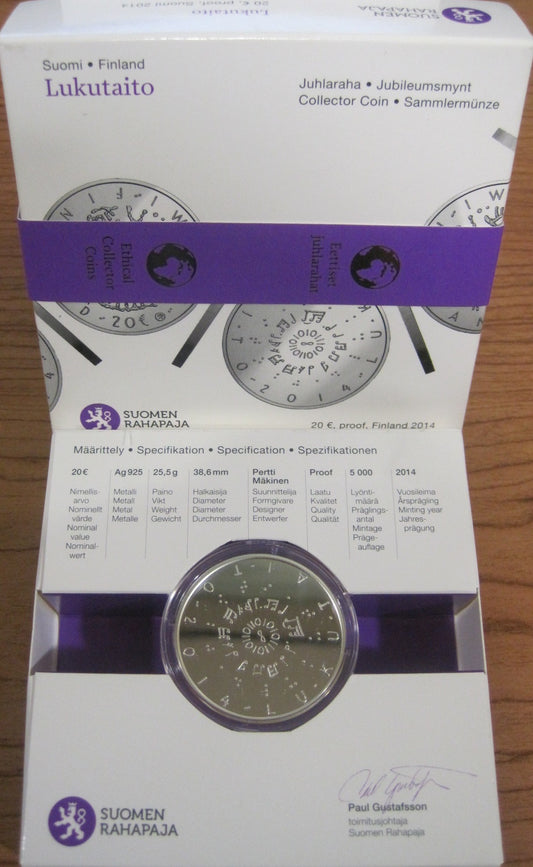 Finlandia - 2014 - Monedas euros en plata - S/C / UNC - 20 € Año 2014 / Lukutaito / En estuche