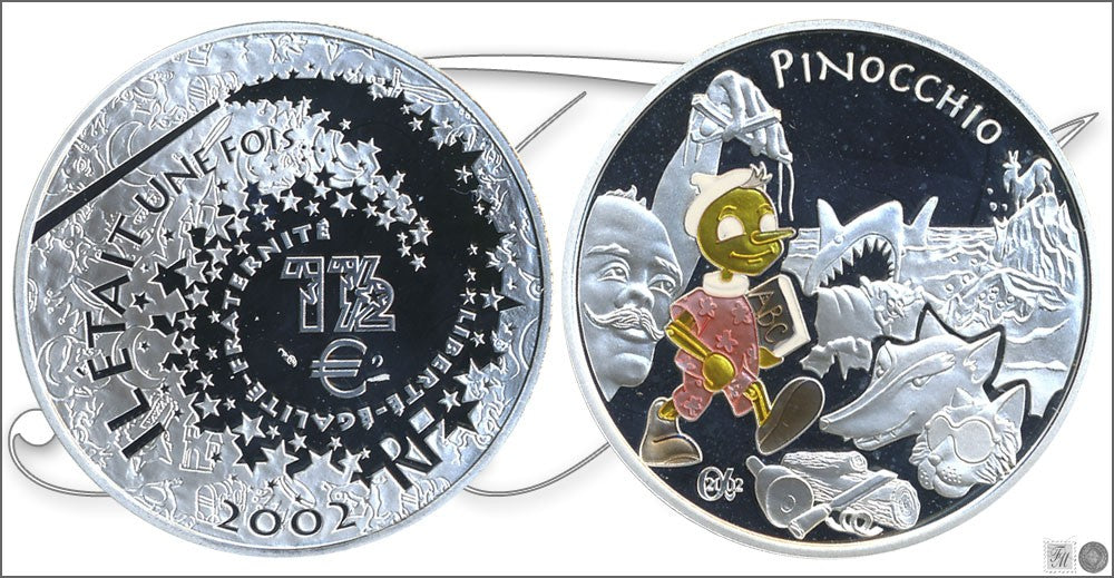 Francia - 2002 - Monedas euros en plata - PROOF - 1,50 € 2002 / Pinocho / Con color / 22,2 gr. plata / En estuche