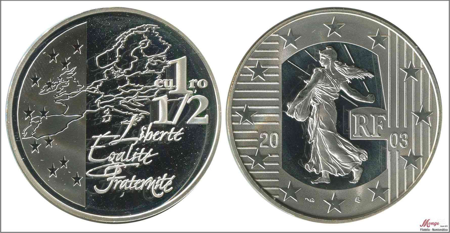 Francia - 2003 - Monedas euros en plata - PROOF - 1 € 1/2 Año 2003 / Mapa europa / 22,20 gr. plata