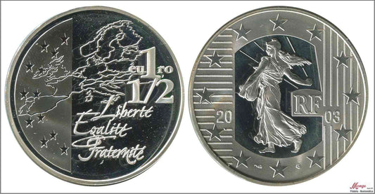 Francia - 2003 - Monedas euros en plata - PROOF - 1 € 1/2 Año 2003 / Mapa europa / 22,20 gr. plata