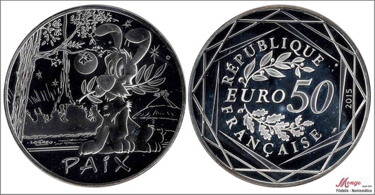 Francia - 2015 - Monedas euros en plata - FDC / MS - 50 € Año 2015 / Asterix - Idefix / 41 gr. plata - en capsula