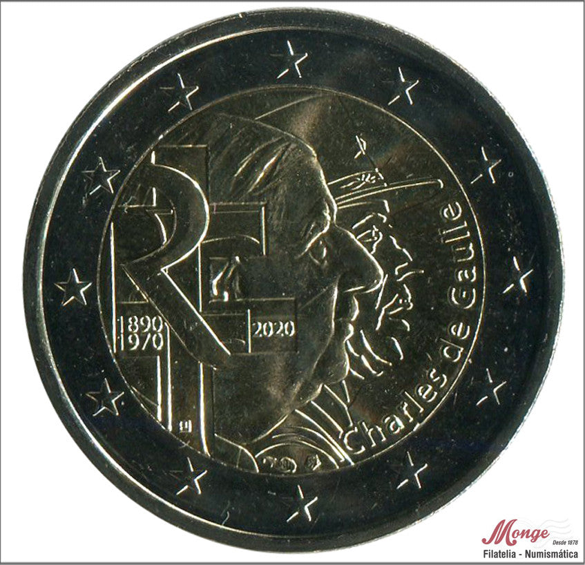 Francia - 2020 - Monedas Euros circulación - S/C / UNC - 2 € Año 2020 / Charles de Gaulle - Aniversarios