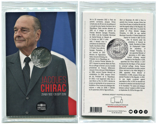 Francia - 2020 - Monedas euros en plata - PROOF - 10 € Año 2020 / Jacques Chirac / En estuche