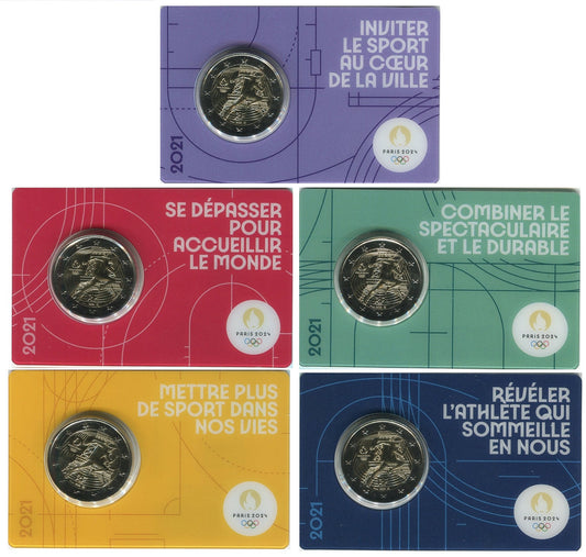 Francia - 2021 - Monedas Euros circulación - S/C / UNC - 2 € Año 2021 / Juegos Olimpicos - Paris 2024 (5 monedas) / En blister