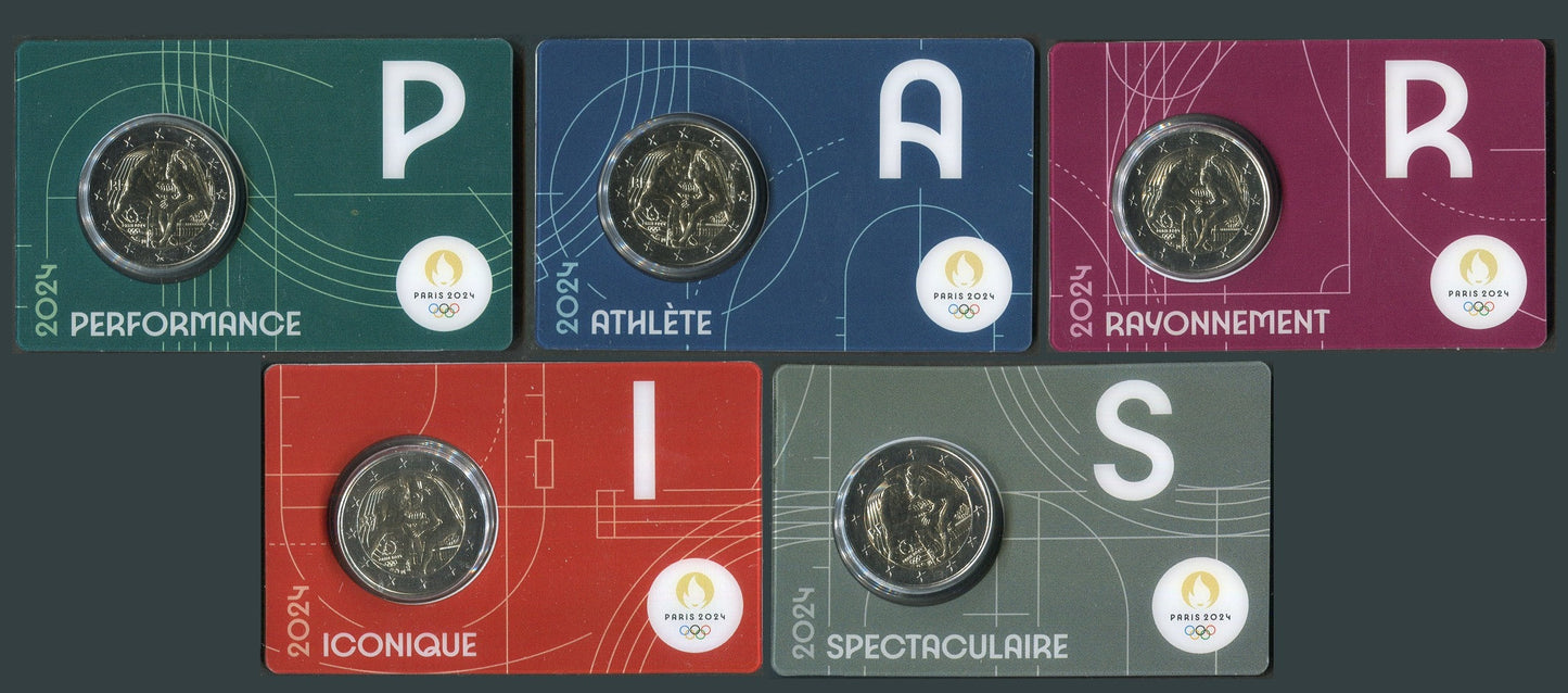 Francia - 2024 - Monedas Euros circulación - S/C / UNC - 2 € Año 2024 / Juegos Olimpicos - Paris 2024 (5 monedas) / En blister