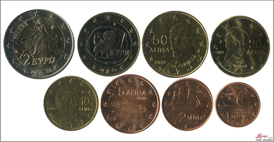 Grecia - 2002 - Monedas Euros circulación - S/C / UNC - Año 2002 (8 monedas) / Mezcla con y sin letra