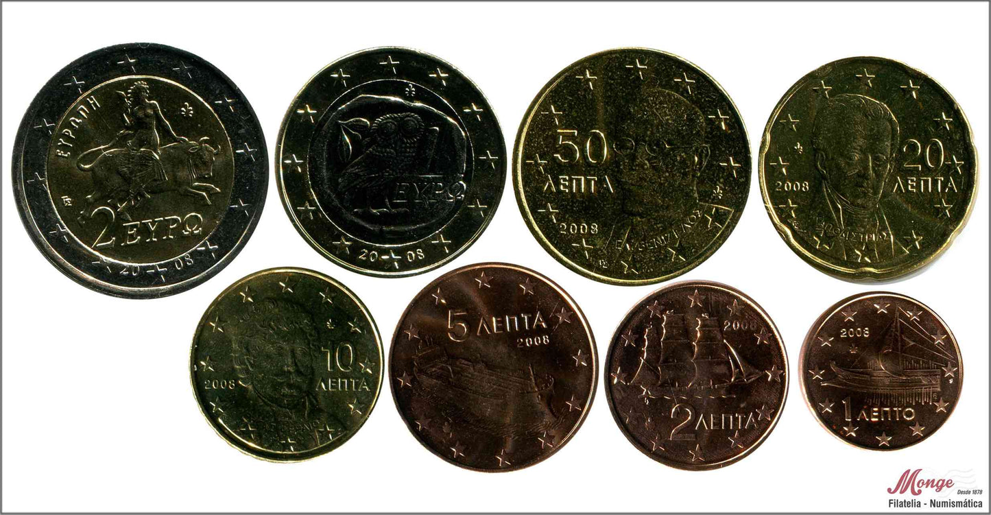 Grecia - 2008 - Monedas Euros circulación - S/C / UNC - Año 2008 (8 monedas)