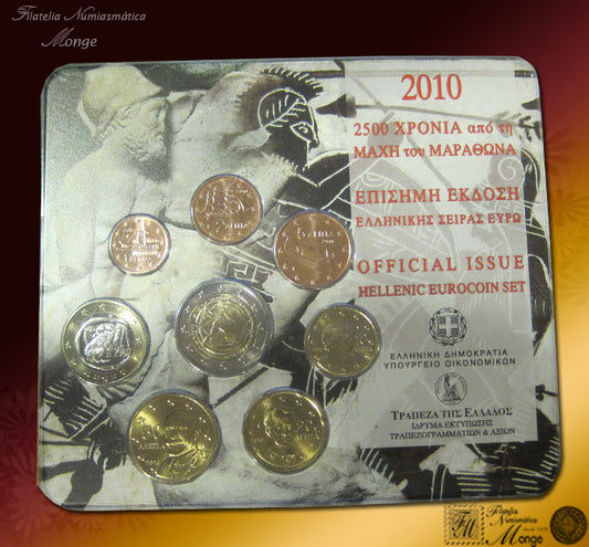 Grecia - 2010 - Monedas Euros en cartera oficial - FDC / MS - Cartera año 2010 (8 monedas) con 2 € conmemorativo