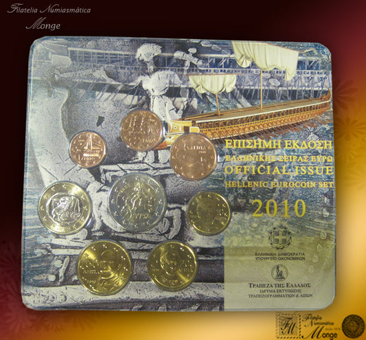 Grecia - 2010 - Monedas Euros en cartera oficial - FDC / MS - Cartera año 2010 (8 monedas) con 2 € normal