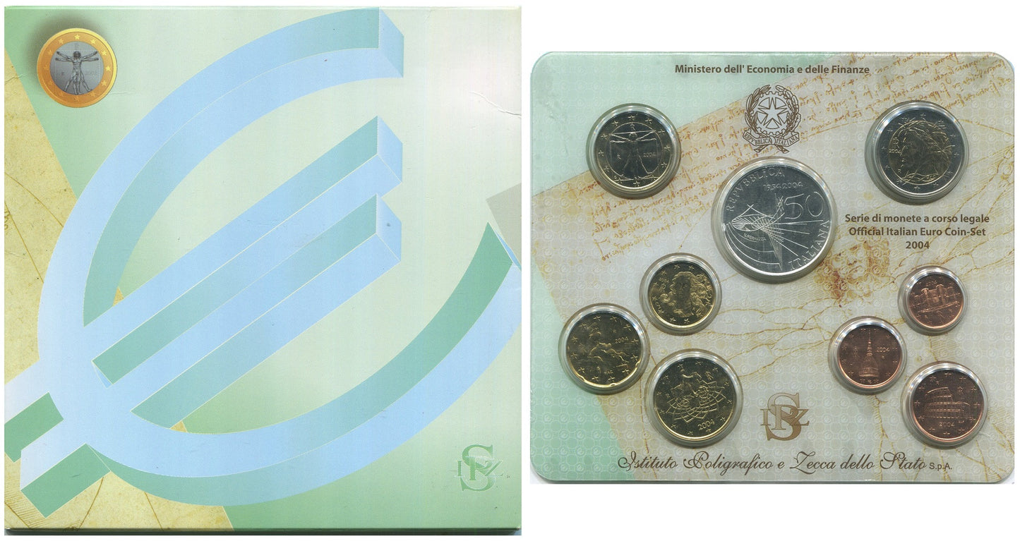 Italia - 2004 - Monedas Euros en cartera oficial - FDC / MS - Cartera 2004 (9m) con 5 € Plata 50 An. Television en Italia