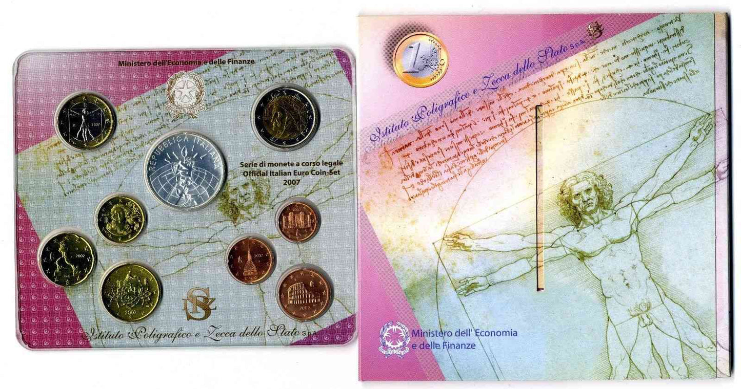 Italia - 2007 - Monedas Euros en cartera oficial - FDC / MS - Cartera año 2007 (9 monedas) incluye 5 € de plata