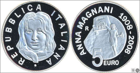 Italia - 2008 - Monedas euros en plata - PROOF - 5 € año 2008 / Anna Magnani en estuche