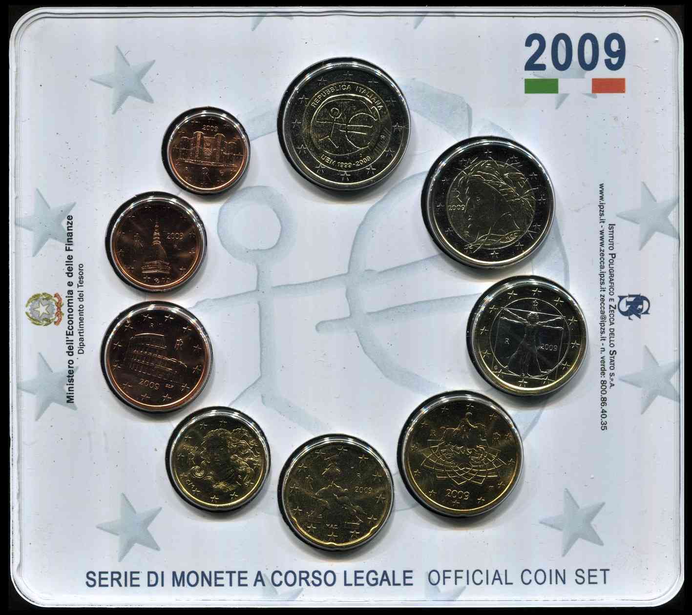 Italia - 2009 - Monedas Euros circulación - S/C / UNC - Cartera año 2009 (9 monedas)