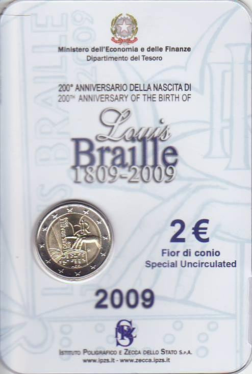 Italia - 2009 - Monedas Euros en cartera oficial - FDC / MS - 2 € Año 2009 / Louis Braille