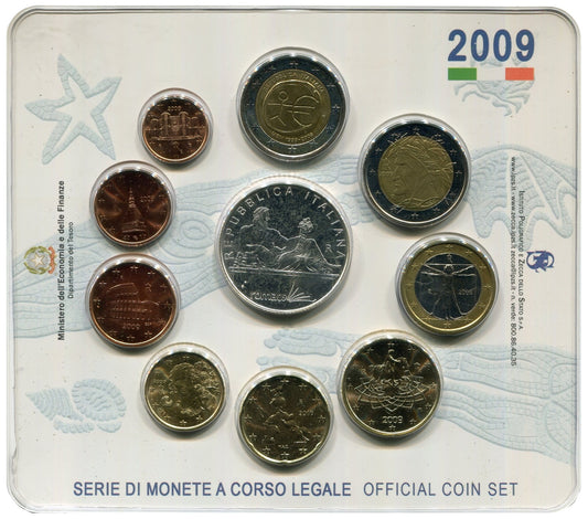 Italia - 2009 - Monedas Euros en cartera oficial - FDC / MS - Cartera año 2009 + 5 € Plata (10 monedas)