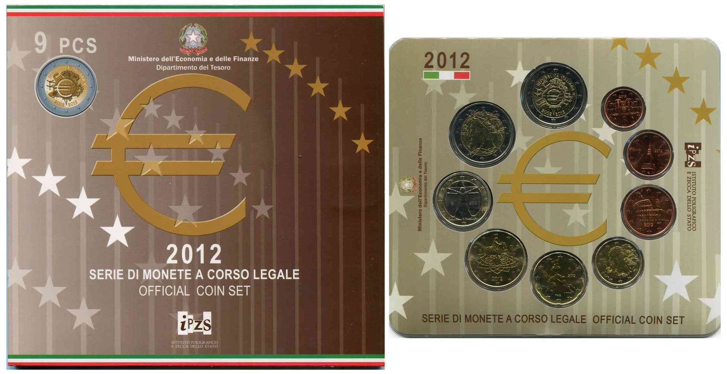 Italia - 2012 - Monedas Euros en cartera oficial - FDC / MS - Cartera 2012 (9 monedas)