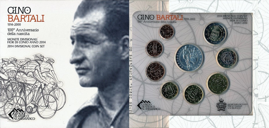 Italia - 2014 - Monedas Euros en cartera oficial - FDC / MS - Cartera 2014 (9 monedas) / Con 5 €. plata Gino Bartali