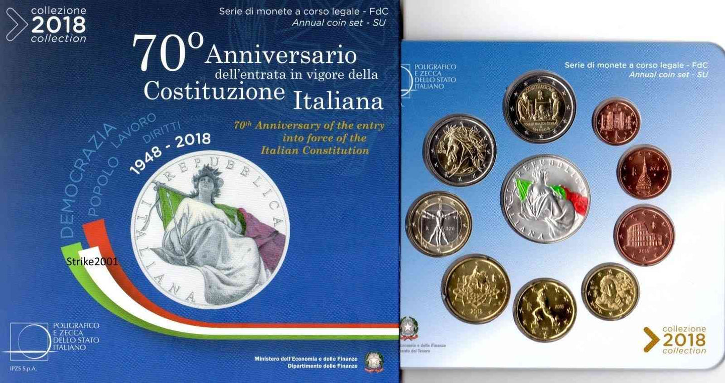 Italia - 2018 - Monedas Euros en cartera oficial - FDC / MS - Cartera 2018 (10 monedas una de 5 € de plata ) / Constitucion