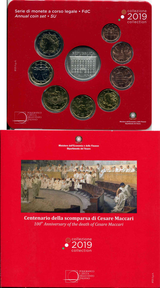 Italia - 2019 - Monedas Euros en cartera oficial - FDC / MS - Cartera 2019 (10 monedas una de 5 € de plata ) / Cesare Maccari