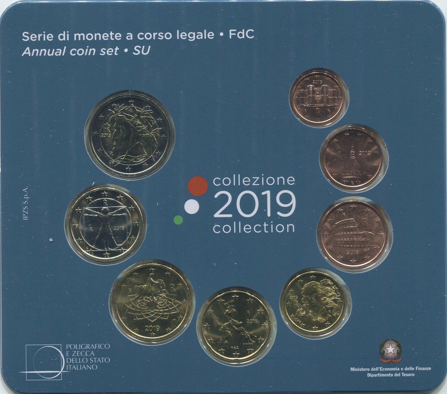 Italia - 2019 - Monedas Euros en cartera oficial - FDC / MS - Cartera 2019 (8 monedas)