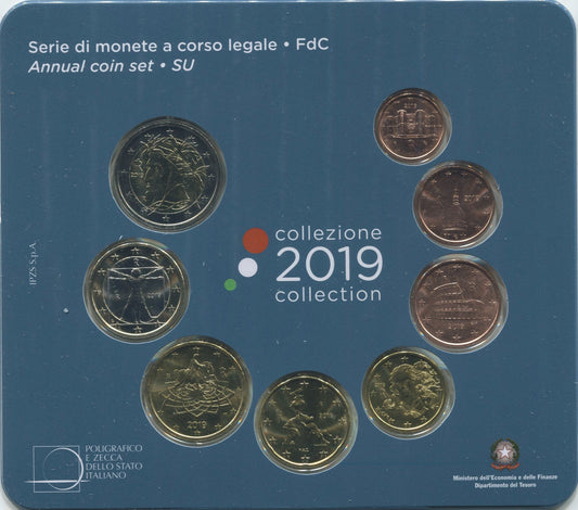 Italia - 2019 - Monedas Euros en cartera oficial - FDC / MS - Cartera 2019 (8 monedas)