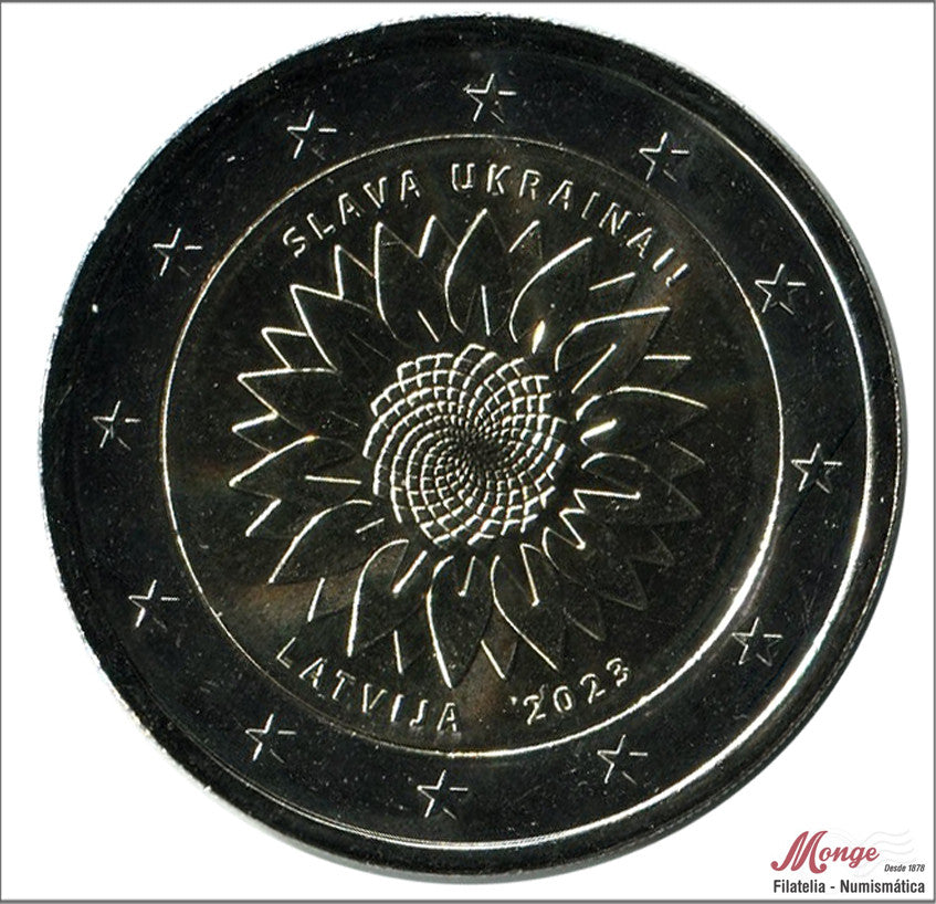 Letonia - 2023 - Monedas Euros circulación - S/C / UNC - 2 € año 2023 / Slava Ukrainai - Girasol