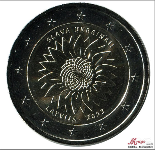 Letonia - 2023 - Monedas Euros circulación - S/C / UNC - 2 € año 2023 / Slava Ukrainai - Girasol